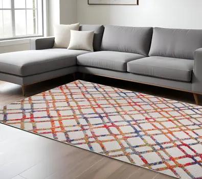 7' X 9' Cream Geometric Stain Resistant Non Skid Indoor Outdoor Area Rug