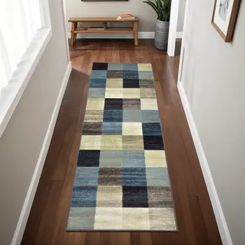 8' Blue And Teal Geometric Power Loom Stain Resistant Runner Rug