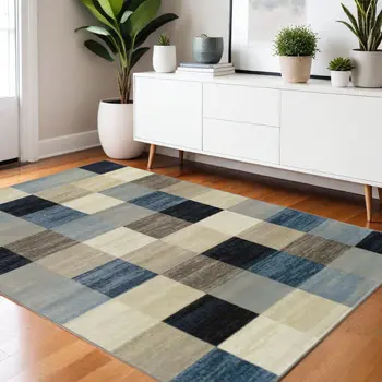 4' X 6' Blue And Teal Geometric Power Loom Stain Resistant Area Rug