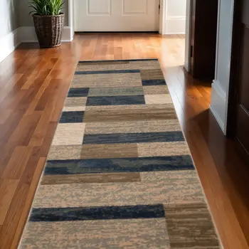 10' Midnight Navy Patchwork Power Loom Stain Resistant Runner Rug