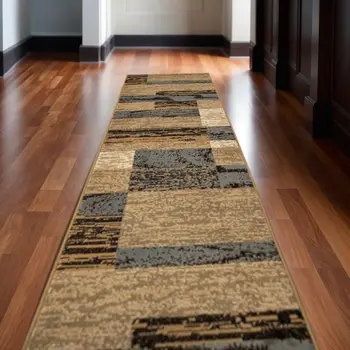 12' Brown Blue and Beige Patchwork Stain Resistant Runner Rug