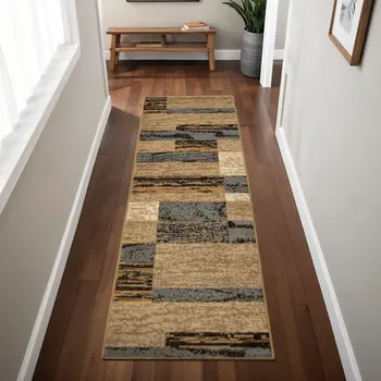 8' Light Blue And Beige Patchwork Power Loom Stain Resistant Runner Rug