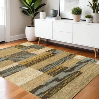 4' X 6' Light Blue And Beige Patchwork Power Loom Stain Resistant Area Rug