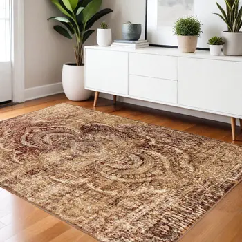 4' X 6' Maroon And Gold Abstract Distressed Area Rug