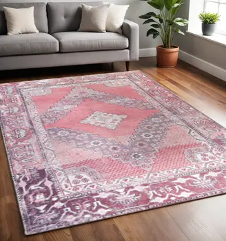 5' X 8' Pink Geometric Power Loom Distressed Stain Resistant Non Skid Area Rug
