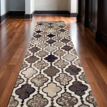 10' Ivory Quatrefoil Power Loom Distressed Stain Resistant Runner Rug