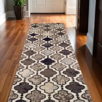 12' Ivory Quatrefoil Power Loom Distressed Stain Resistant Runner Rug