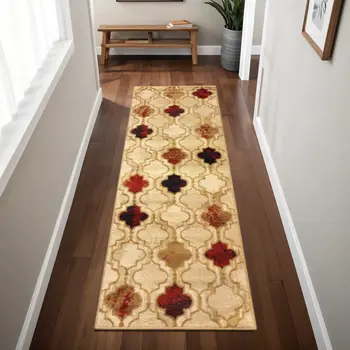 8' Beige Quatrefoil Power Loom Distressed Stain Resistant Runner Rug