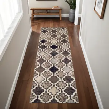 8' Ivory Quatrefoil Power Loom Distressed Stain Resistant Runner Rug
