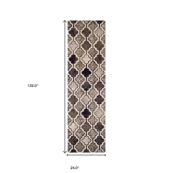 11' Ivory Quatrefoil Power Loom Distressed Runner Rug