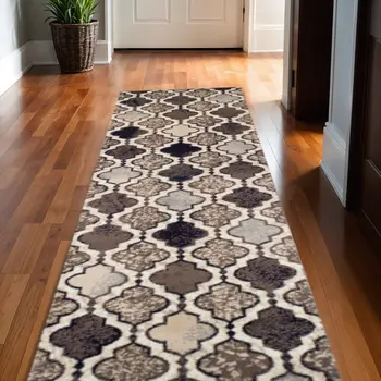11' Ivory Quatrefoil Power Loom Distressed Runner Rug
