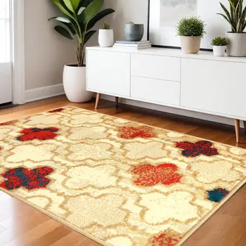 4' X 6' Beige Quatrefoil Power Loom Distressed Stain Resistant Area Rug