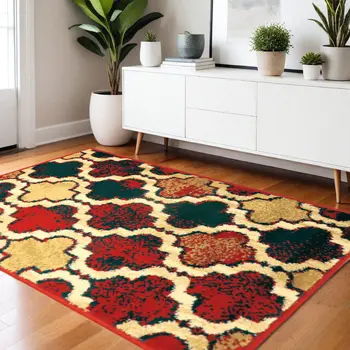 4' X 6' Red Blue Quatrefoil Power Loom Distressed Stain Resistant Area Rug