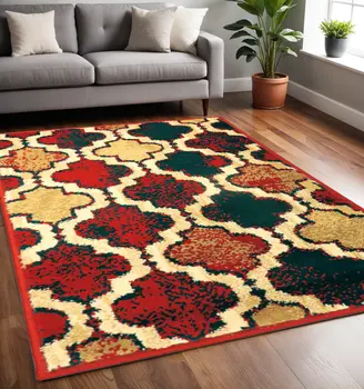 5' X 8' Red Blue Quatrefoil Power Loom Distressed Stain Resistant Area Rug