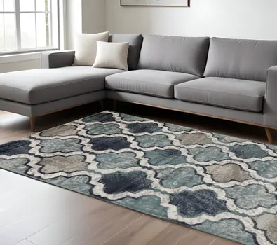 7' X 9' Deep Royal Quatrefoil Power Loom Distressed Stain Resistant Area Rug