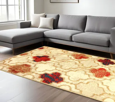 8' X 10' Beige Quatrefoil Power Loom Distressed Stain Resistant Area Rug