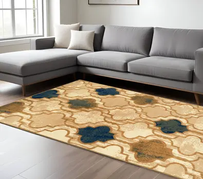 8' X 10' Cream Quatrefoil Power Loom Distressed Stain Resistant Area Rug