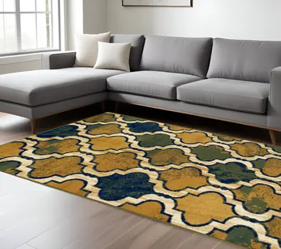 8' X 10' Green Quatrefoil Power Loom Distressed Stain Resistant Area Rug