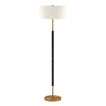 61" Gold And White Two Light Floor Lamp With White Fabric Drum Shade