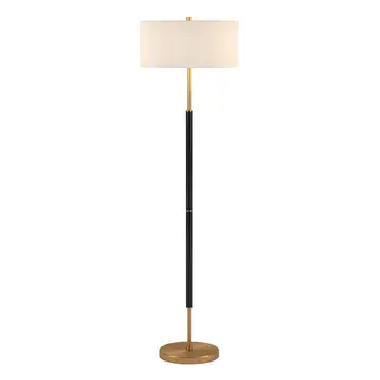 61" Gold And White Two Light Floor Lamp With White Fabric Drum Shade
