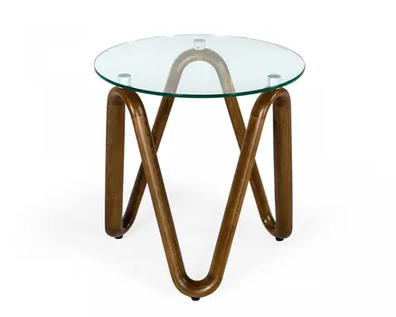 20" Walnut And Clear Glass  Solid Wood Ribbon Base Round End Table