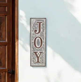 19" X 6" Gray and Brown Handcrafted Joy Metal Wall Decor