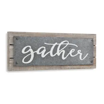 10" X 25" Brown and Gray Gather Wood and Metal Wall Decor