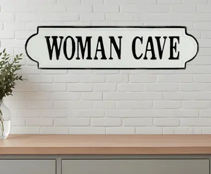 8" X 32" White and Black Woman Cave Metal Wall Decor