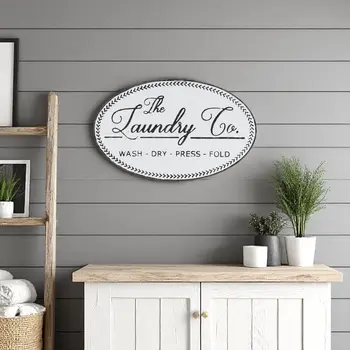 14" X 22" White And Dark Gray The Laundry Co Metal Oval Wall Decor