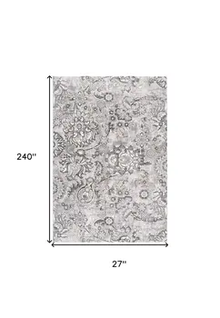 20' Gray And Ivory Floral Shag Runner Rug