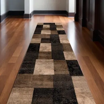 10' Brown Black and Tan Geometric Power Loom Runner Rug