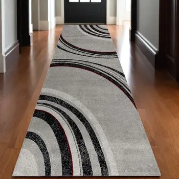 15' Gray and Black Abstract Power Loom Distressed Runner Rug