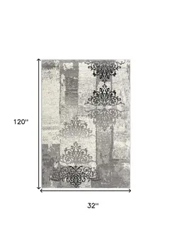 10' Gray And Ivory Damask Shag Runner Rug