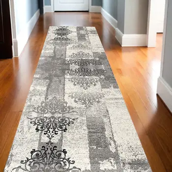 13' Gray and Ivory Damask Power Loom Distressed Runner Rug