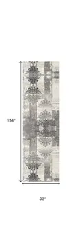 13' Gray and Ivory Damask Power Loom Distressed Runner Rug
