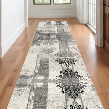 20' Gray and Ivory Distressed Damask Runner Rug