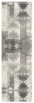 8' Gray and Ivory Damask Power Loom Runner Rug