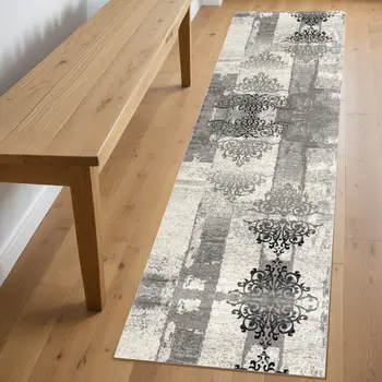 8' Gray and Ivory Damask Power Loom Runner Rug