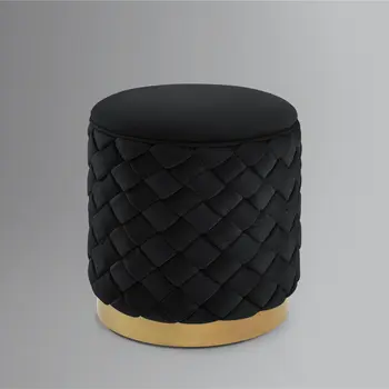 15" Black Velvet And Gold Round Ottoman