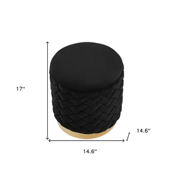 15" Black Velvet And Gold Round Ottoman