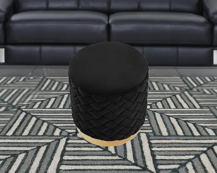 15" Black Velvet And Gold Round Ottoman
