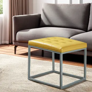 18" Yellow Faux Leather And Gray Cube Ottoman