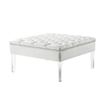 35" White Faux Leather And Clear Cocktail Ottoman