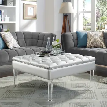 35" Silver Faux Leather And Clear Tufted Cocktail Ottoman