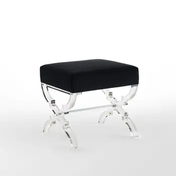 18" Black Velvet And Clear Ottoman