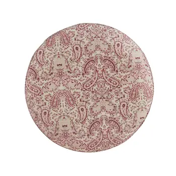 18" Red Linen Round Floral Ottoman