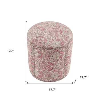 18" Red Linen Round Floral Ottoman