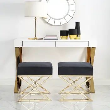 18" Black Velvet And Gold Ottoman