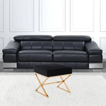 18" Black Velvet And Gold Ottoman