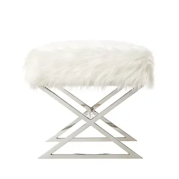 18" White Faux Fur And Silver Ottoman